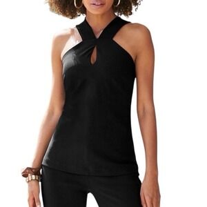 Boston Proper Beyond Travel Keyhole Tunic Top Small Black Sexy Stretch Knit Tank
